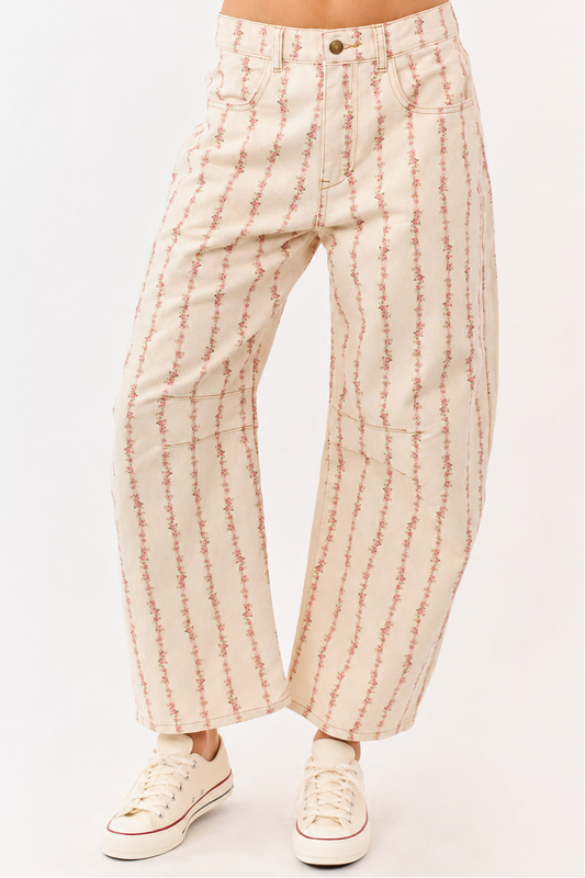 Floral Printed Stitch w/ Front Bronze Button Detail Denim Pants, Cream/Pink