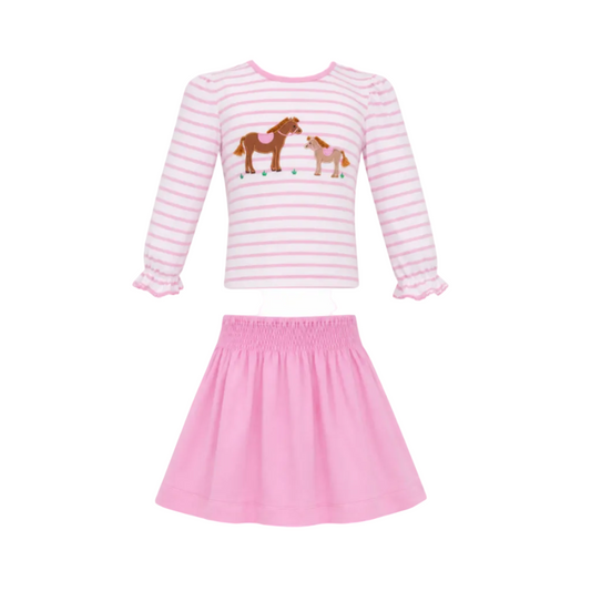 Horses Girl's Pink Knit Stripe T-Shirt & Skirt
