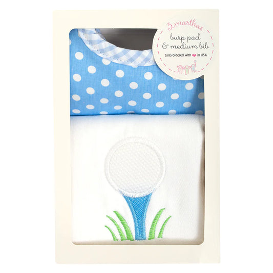 Blue Golf Drooler Bib and Burp Set