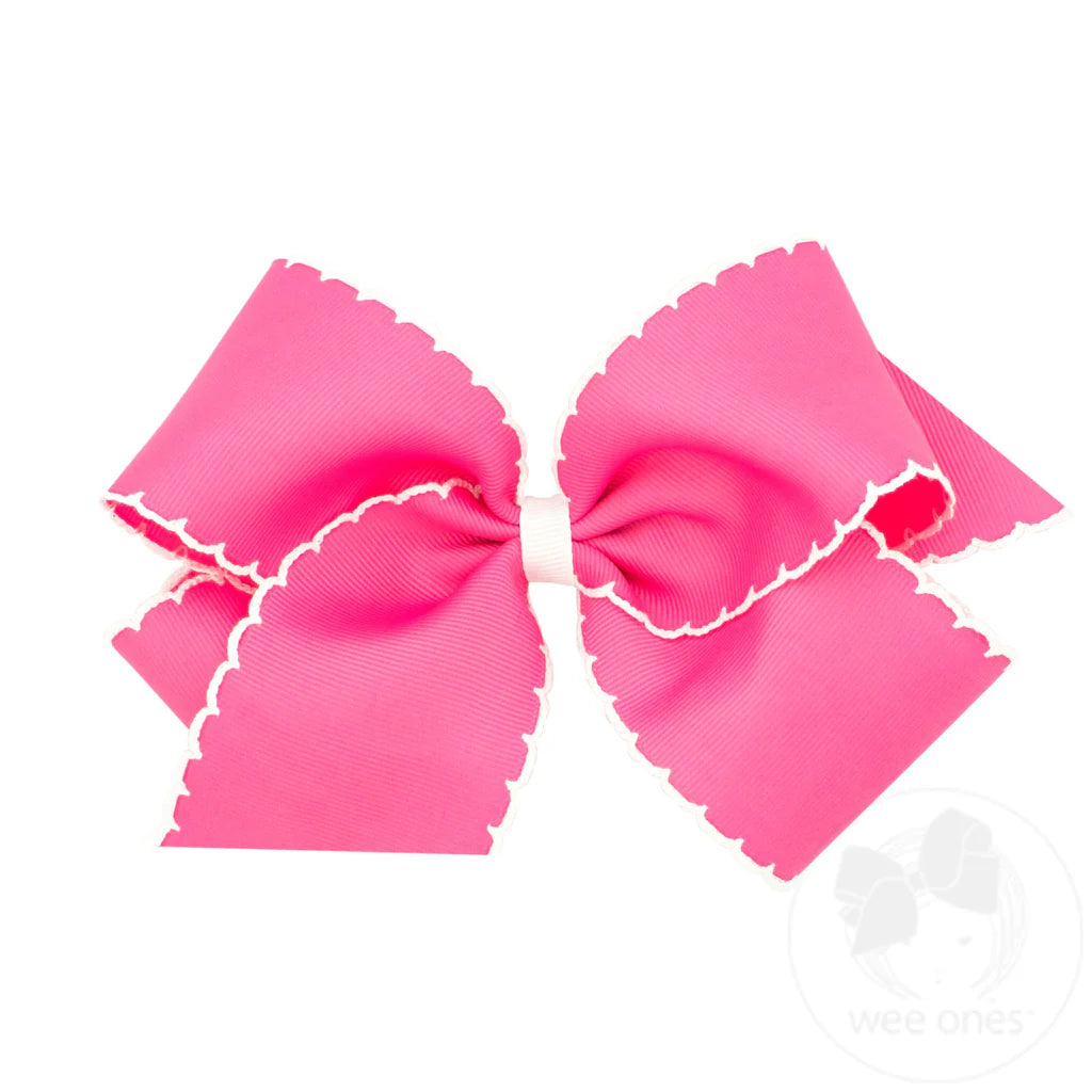 King Grosgrain Bow W/ Moonstitch Edge and Hot Pink/White