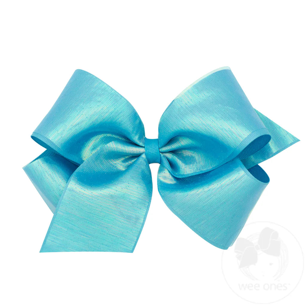 Medium Sheer Iridescent and Grosgrain Overlay Hair Bow New Turquoise