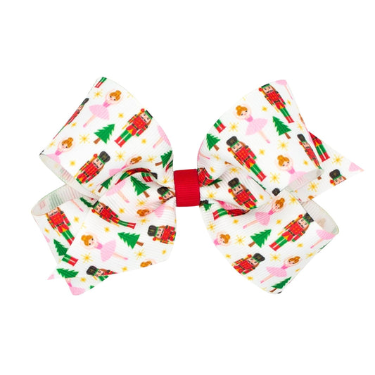 Medium Holiday-themed Red Nutcracker Printed Grosgrain Hair Bow