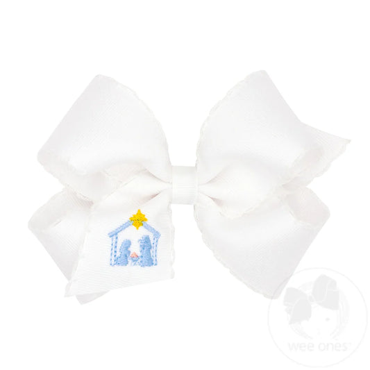 Medium Grosgrain Hair bow with Moonstitch Edge and Nativity Scene Embroidery