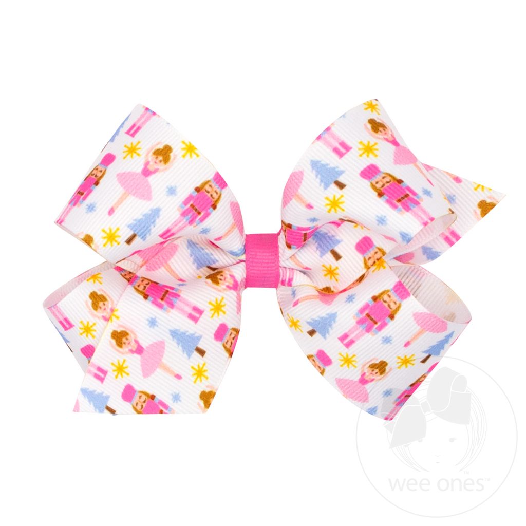 Medium Holiday-themed Pink Nutcracker Printed Grosgrain Hair Bow