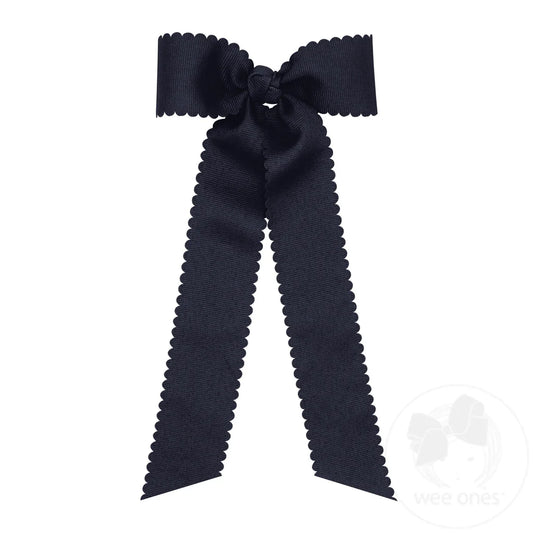 Medium Grosgrain Bow Scalloped Edge with Streamer Tails - Navy