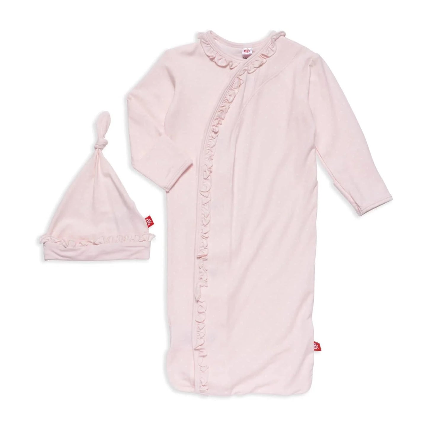 Pin Dot Pink Modal Magnetic Cozy Sleeper Gown + Hat Set with Ruffles