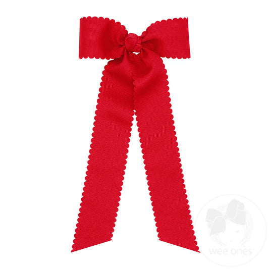 Medium Grosgrain Bow Scalloped Edge with Streamer Tails - Red