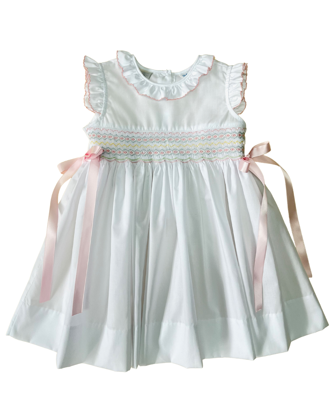 Rose White Classic Smocked Ruffles Dress with Ribbons