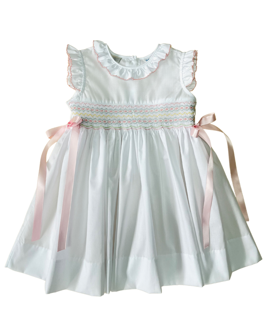 Rose White Classic Smocked Ruffles Dress with Ribbons