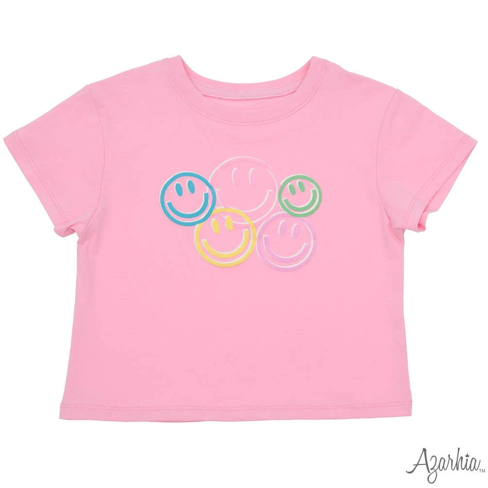 Smiley Face Puffy Screen Print on Pink Boxey Tee