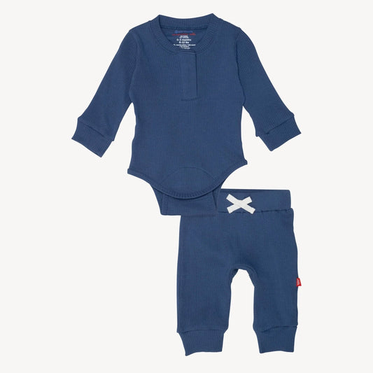 Symphony Blue Ribbed Cotton Magnetic Long Sleeve Bodysuit + Pant Set