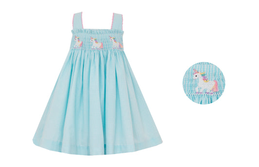 Unicorn Aqua Gingham Strap Sundress Short Sleeve