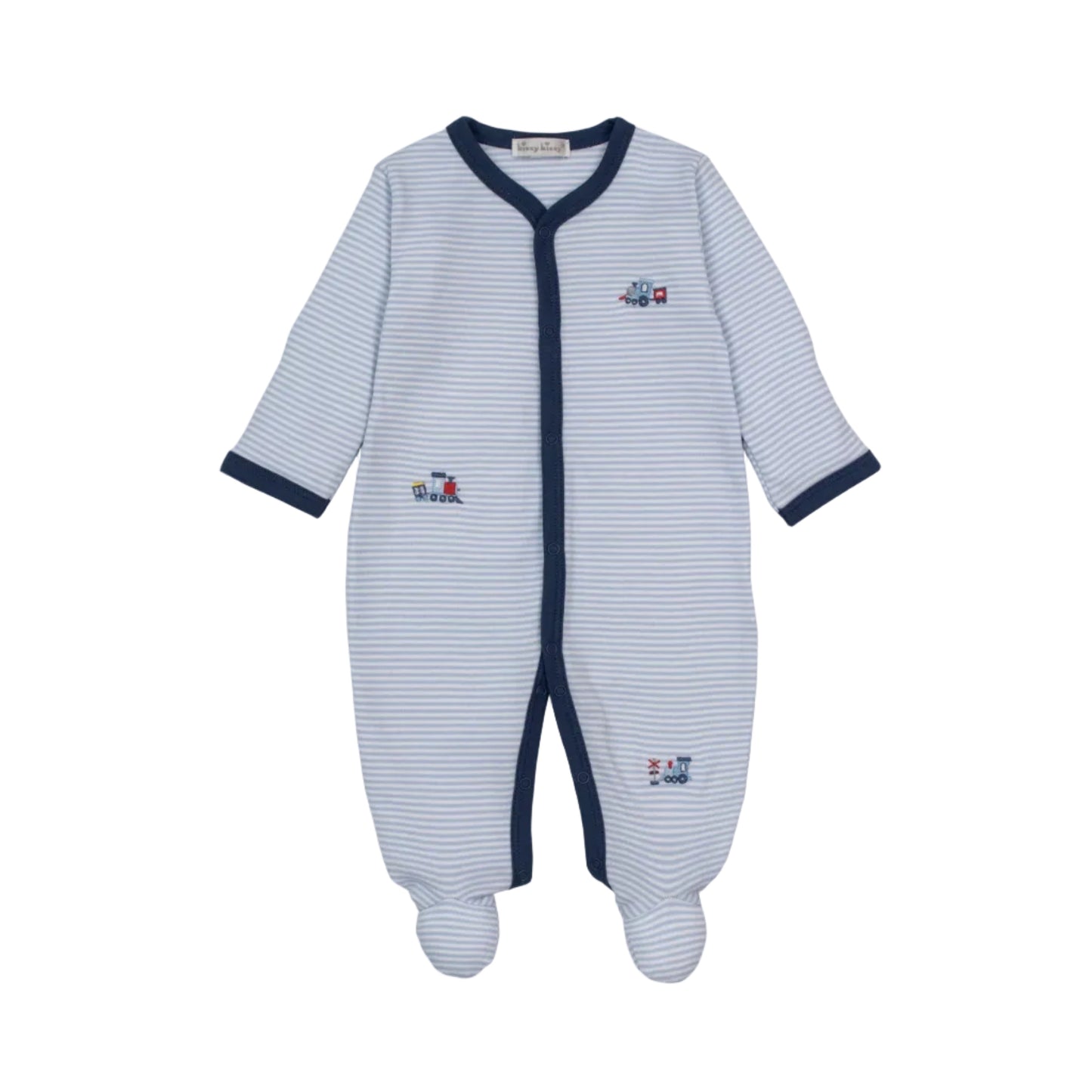 Toot Toot Footie- Light Blue Stripe, Navy Trim