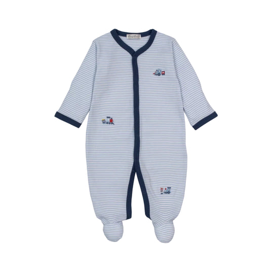 Toot Toot Footie- Light Blue Stripe, Navy Trim
