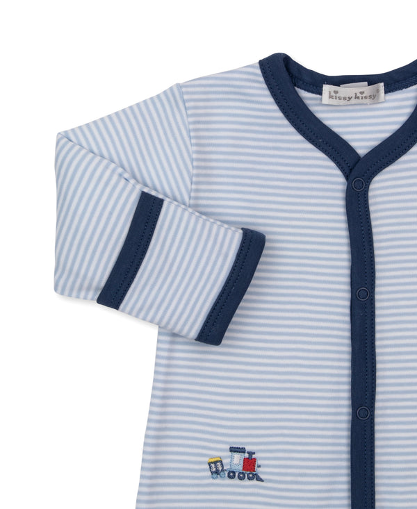 Toot Toot Footie- Light Blue Stripe, Navy Trim