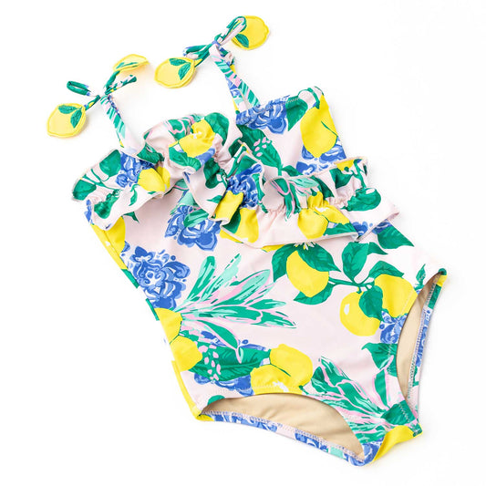 Santorini Citrus Girls Ruffle One Shoulder One Piece Swimsuit