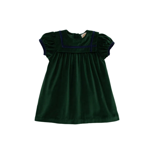 Short Sleeve Patsy's Party Dress, Velveteen, Grier Green/Nantucket Navy