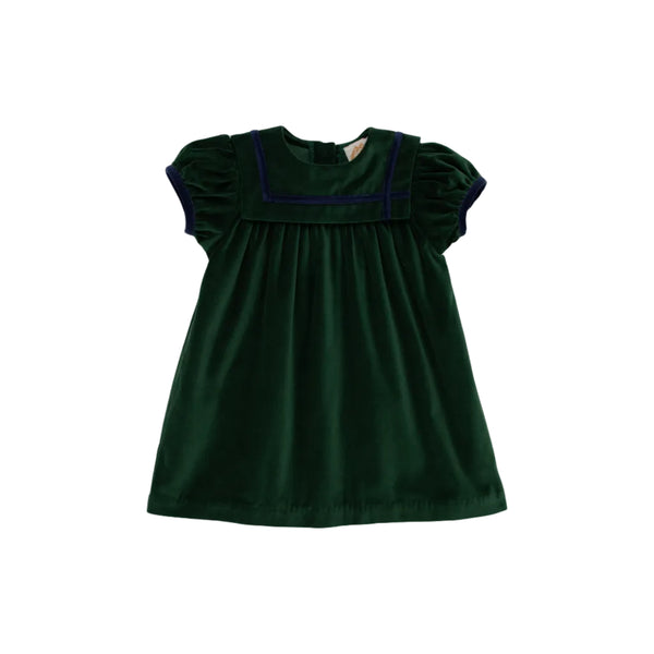 Short Sleeve Patsy's Party Dress, Velveteen, Grier Green/Nantucket Navy