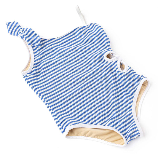 Cobalt Stripe Girls Ribbed Daisy Cut Out One Piece Swimsuit