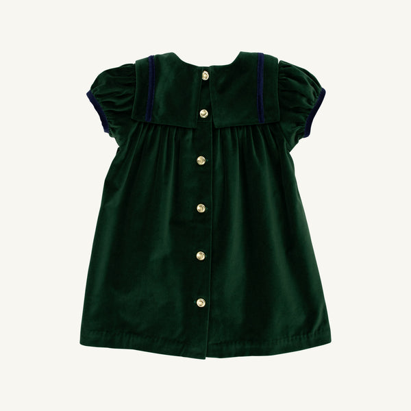 Short Sleeve Patsy's Party Dress, Velveteen, Grier Green/Nantucket Navy