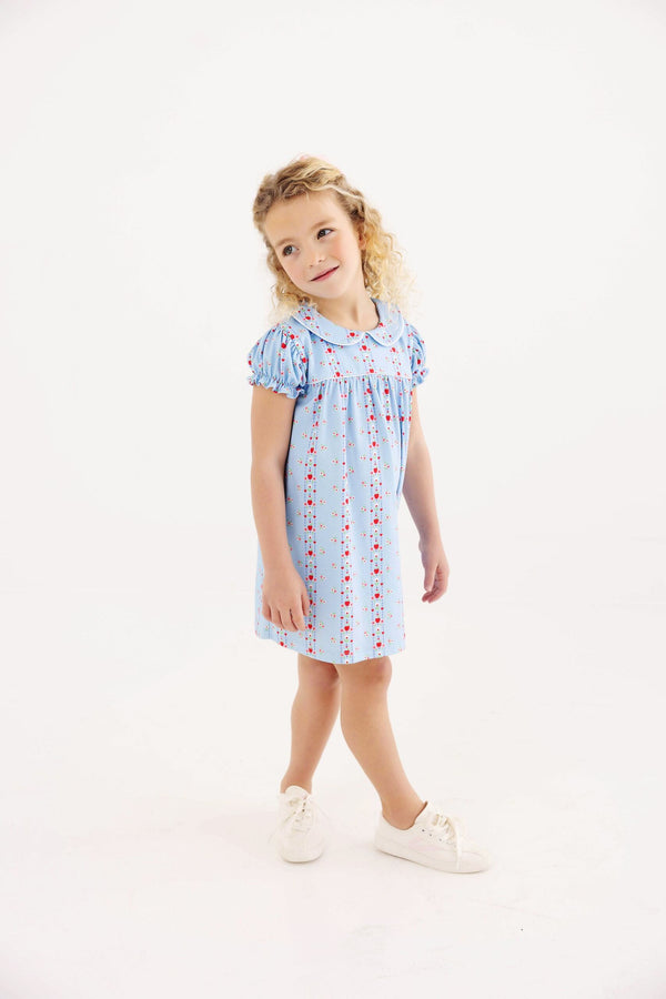 Holly Day Dress- Normal Weight Pima, First Day Flowers/Worth Ave White/Richmond Red
