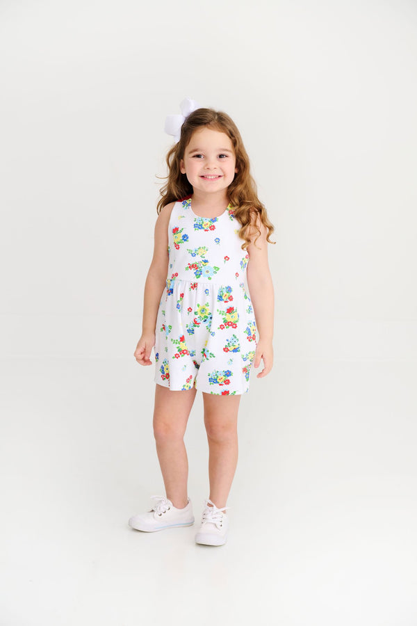 Reagan Romper-Pima, Biltmoore Blooms (Buckhead Blue)/Richmond Red