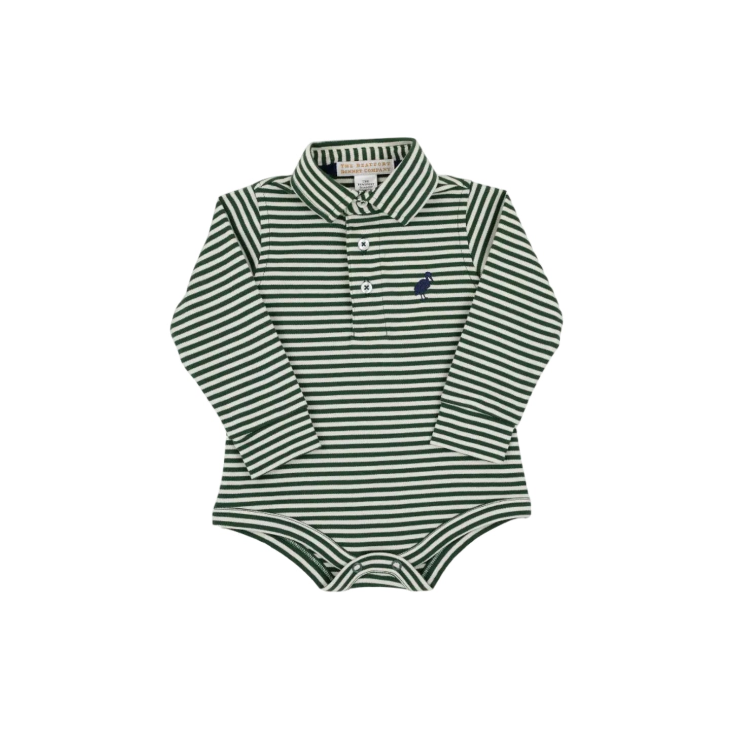 Prim And Proper Polo LS Pima Onesie, Grier Green Palmetto Pearl Stripe/Nantucket Navy