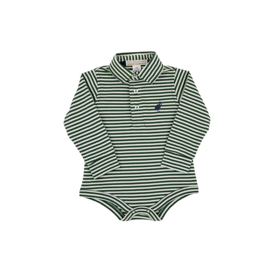 Prim And Proper Polo LS Pima Onesie, Grier Green Palmetto Pearl Stripe/Nantucket Navy