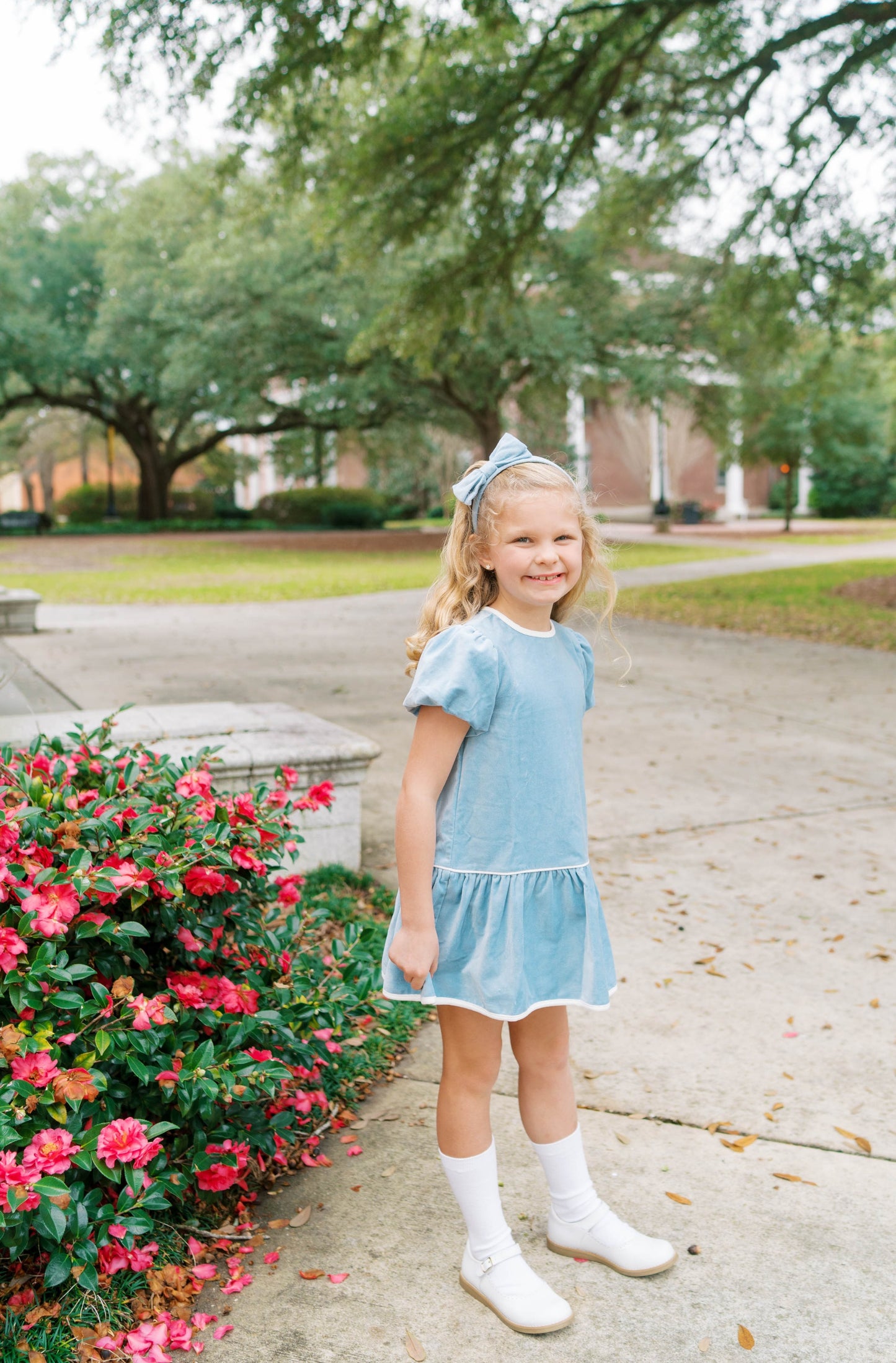 Harper Dress- Beaufort Blue Velvet, Winter White Velvet