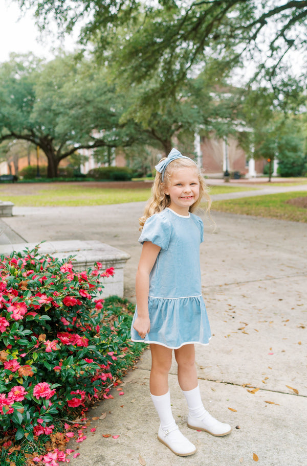 Harper Dress- Beaufort Blue Velvet, Winter White Velvet
