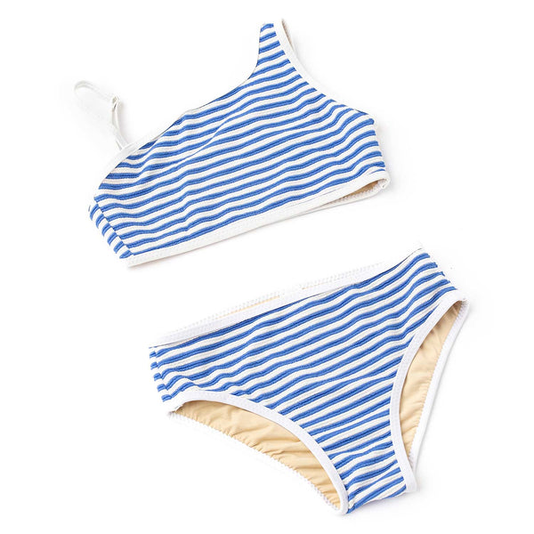 Cobalt Stripe Girls Ribbed One Shoulder Two Piece Swim Set