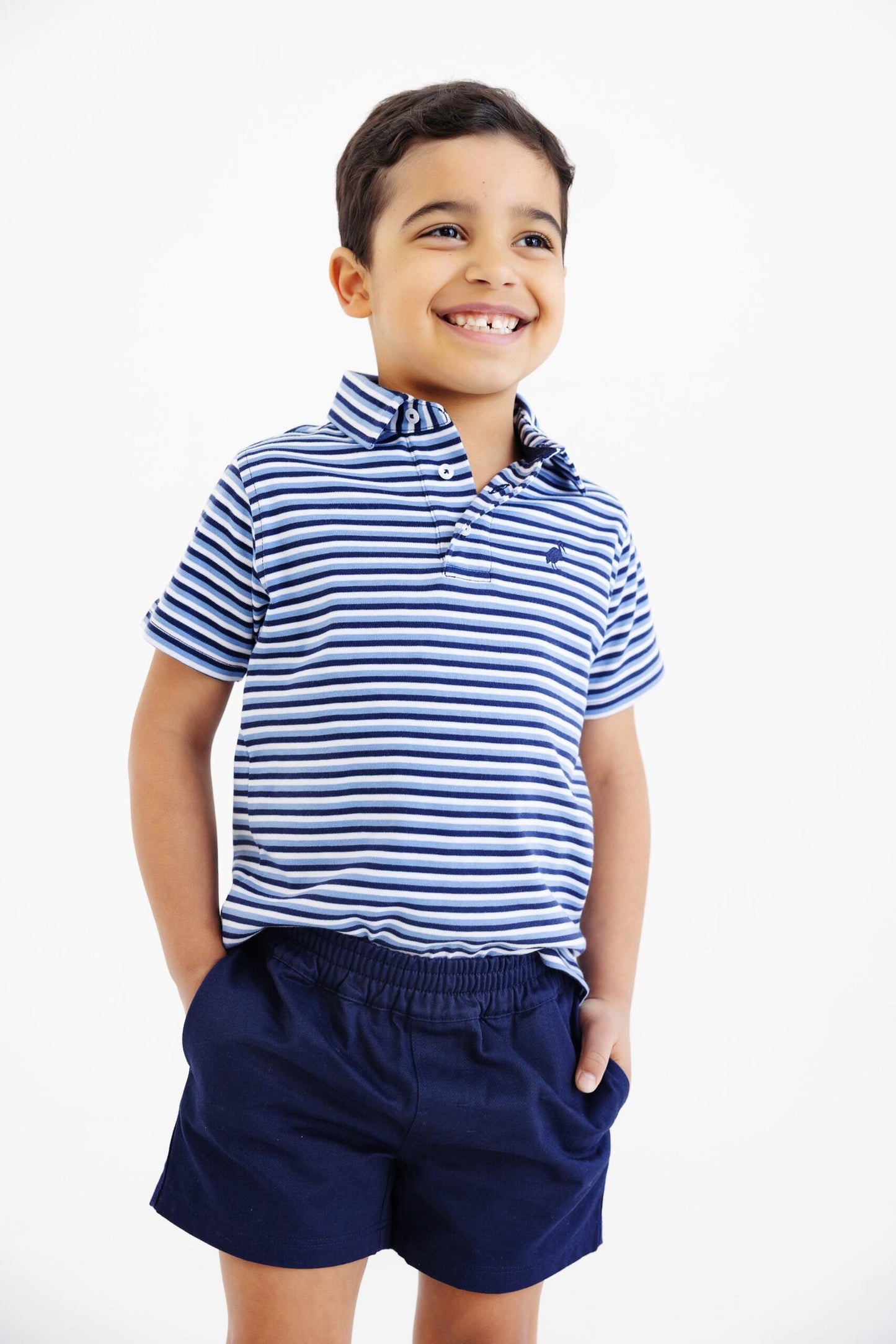 Prim and Proper Polo, SS, Pima- Sumner County Stripe (Barbados Blue)/Nantucket Navy