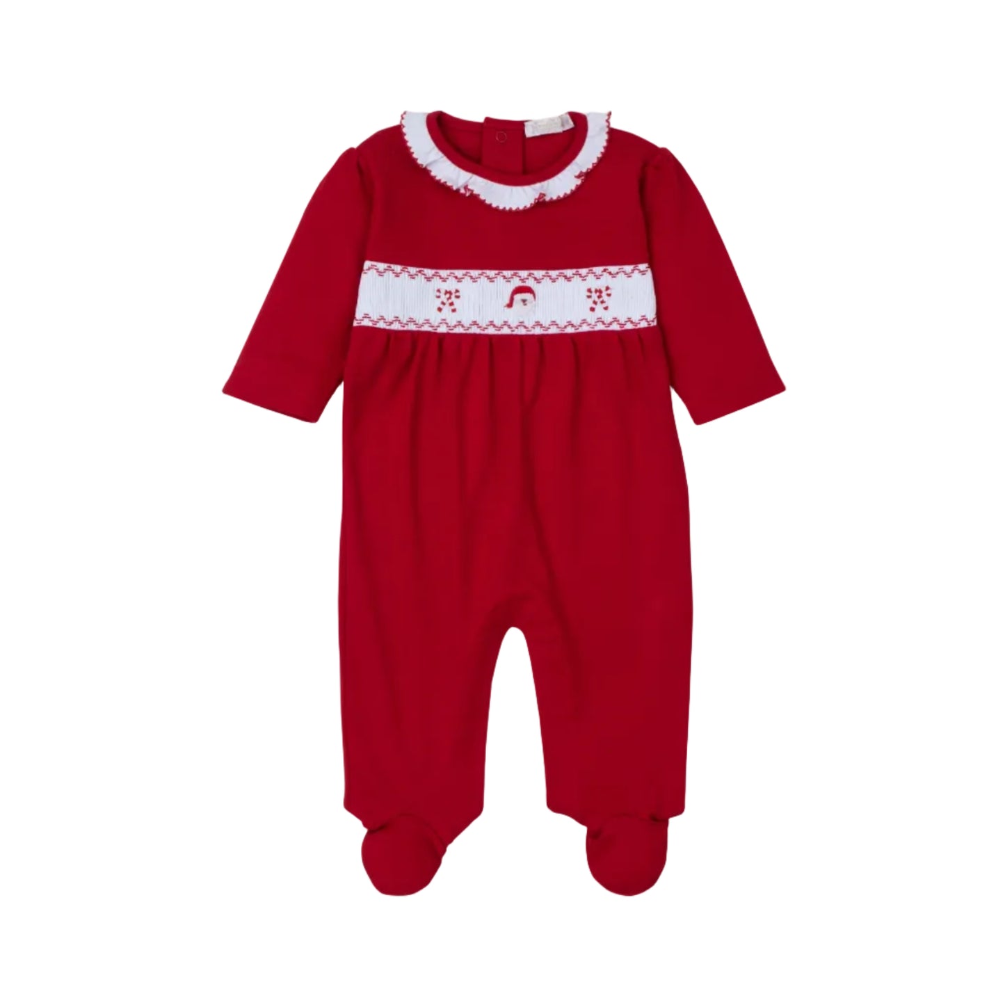 Girls Red Holiday Footie w/ Hand Smocking- Santa/Candycane