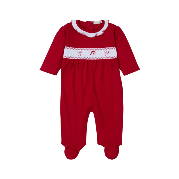 Girls Red Holiday Footie w/ Hand Smocking- Santa/Candycane