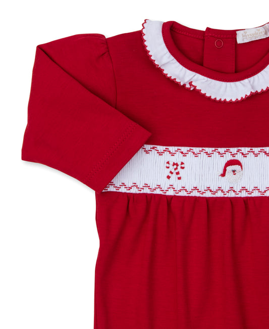 Girls Red Holiday Footie w/ Hand Smocking- Santa/Candycane