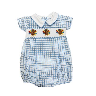 Turkey Blue Check Smocked Boy Bubble