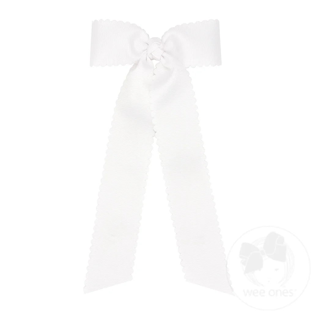 Medium Grosgrain Bow Scalloped Edge with Streamer Tails - White