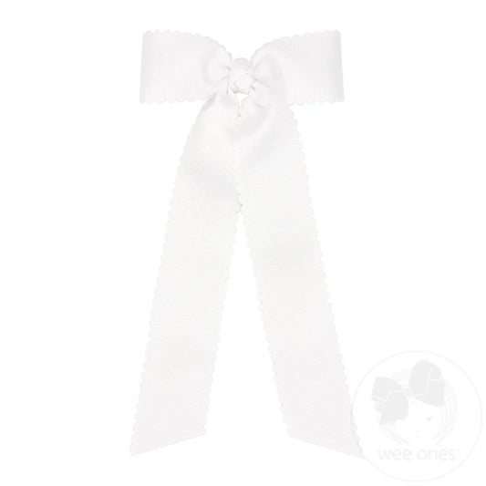 Medium Grosgrain Bow Scalloped Edge with Streamer Tails - White