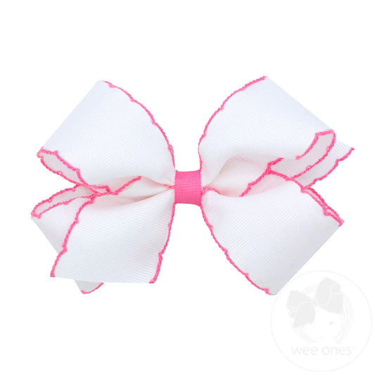 Medium Grosgrain Bow W/ Moonstitch Edges White/Hot Pink