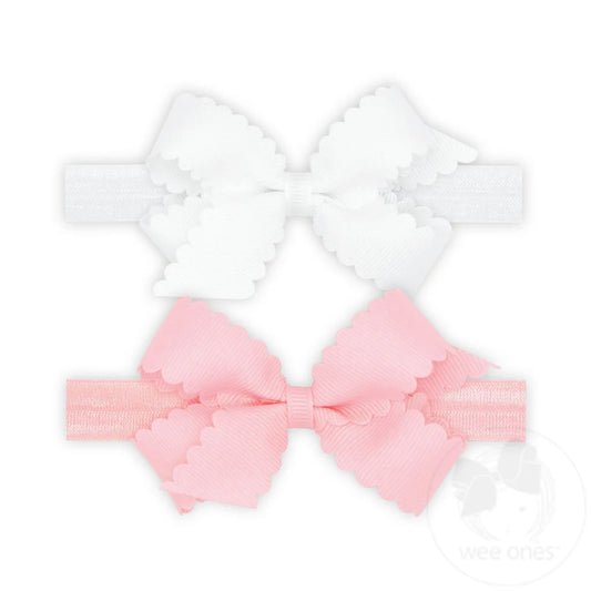 Two Mini Scalloped Grosgrain Bows on Skinny Nylon Band White/White & Pink/Pink