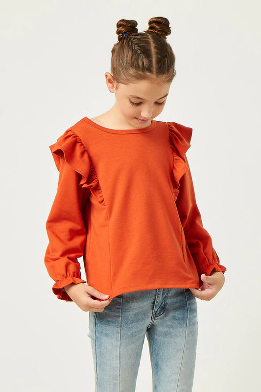 Soft French Terry Ruffled Long Sleeve Top Rust