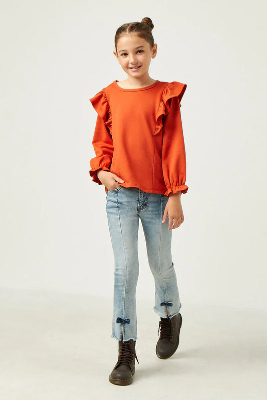 Soft French Terry Ruffled Long Sleeve Top Rust