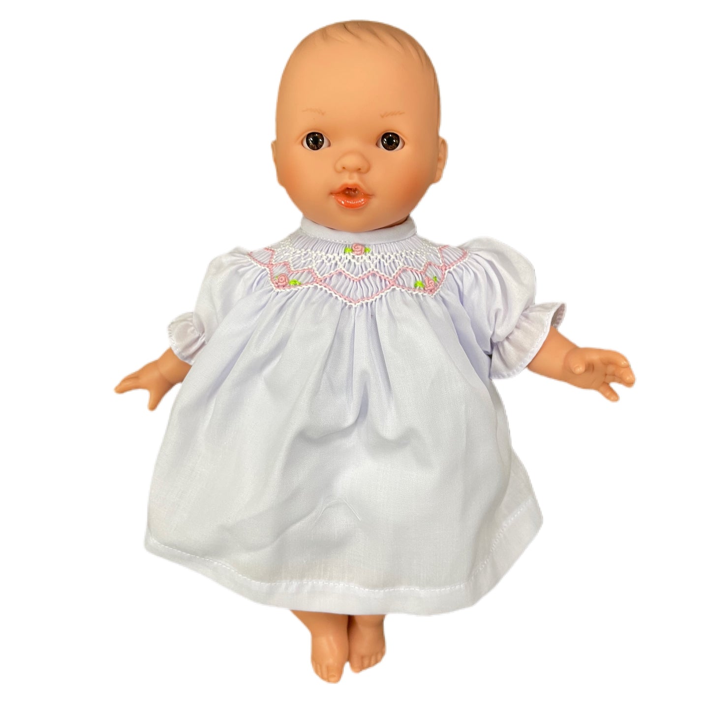 Brown Eye Aubrey Bald Doll White Outfit 10”