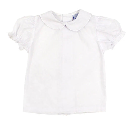 White Button Back Girls S/S Piped Shirt