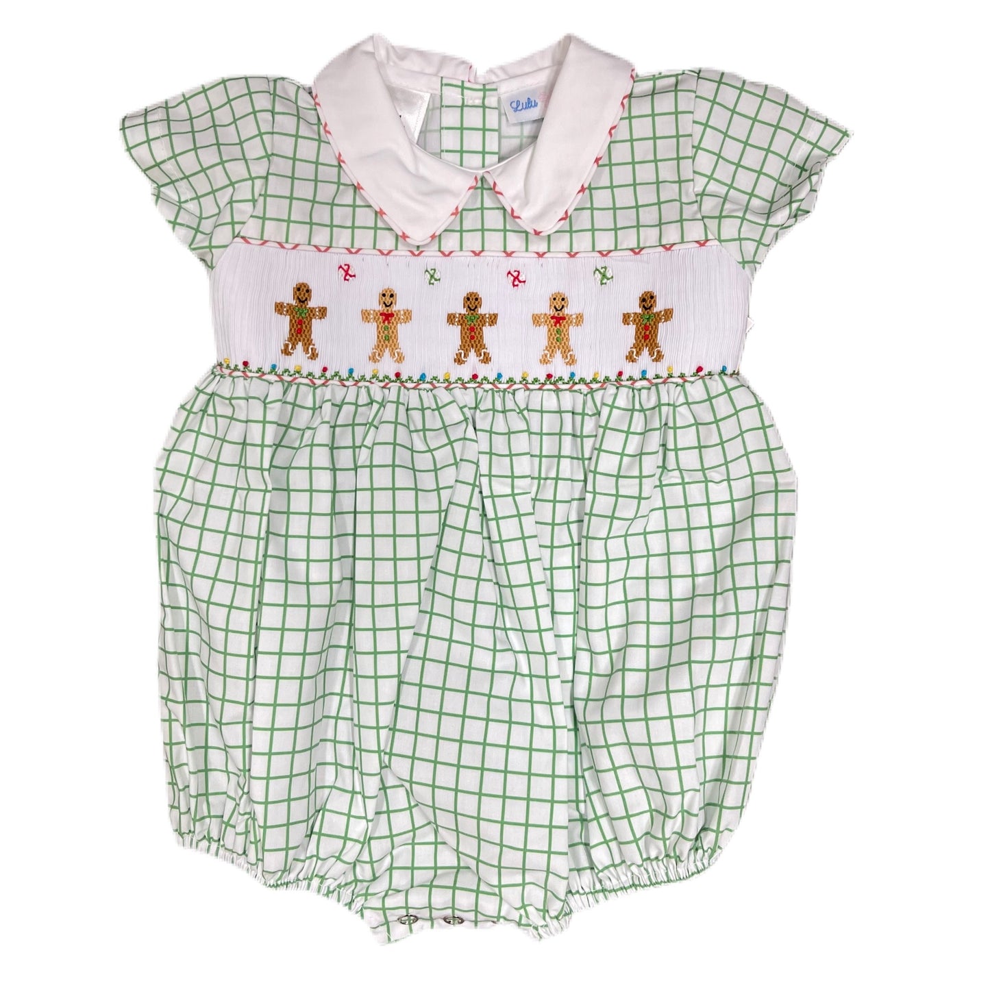 Green and White Checked Bubble with Smocking Gingerbread Man