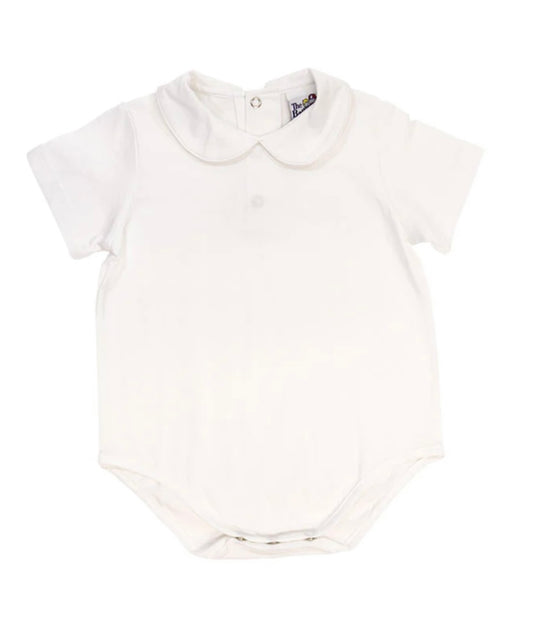 White Knit, White Trim, Boys Short Sleeve Onesie