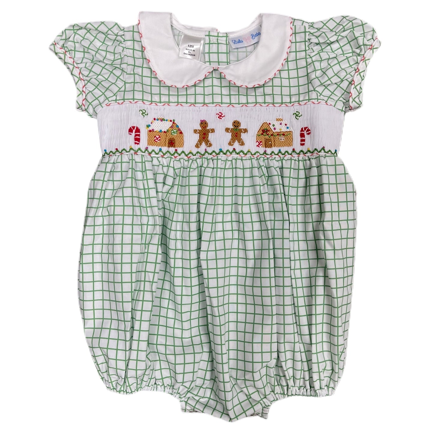 Green and White Checked  Bubble with Smocking Gingerbread House/Gingerbread Man